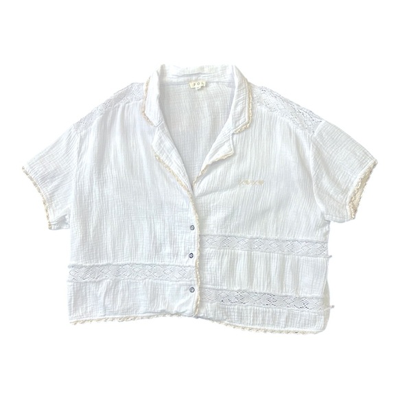 POL Loose Fit White Gauze Lace Crochet Short Sleeve Top Size Medium - Picture 6 of 13